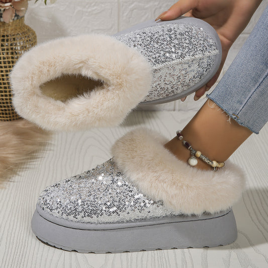 Chaussures en peluche à semelles épaisses à paillettes tendance - hiver à l'intérieur et à l'extérieur